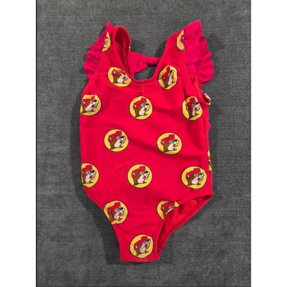 Buc-ee's Girls Red One Piece Swimsuit Ruffle Shoulder Beaver Logo Print